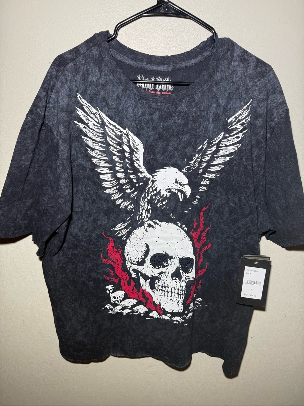 Men's Black Graphic Eagle & Skull Tee with Red Accents